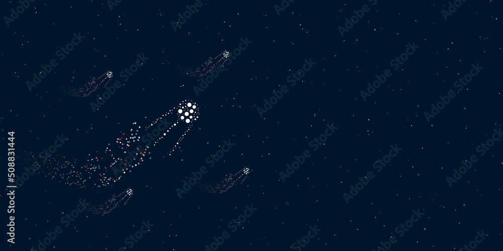A satellite symbol filled with dots flies through the stars leaving a trail behind. Four small symbols around. Empty space for text on the right. Vector illustration on dark blue background with stars A satellite symbol filled with dots flies through the stars leaving a trail behind. Four small symbols around. Empty space for text on the right. Vector illustration on dark blue background with stars