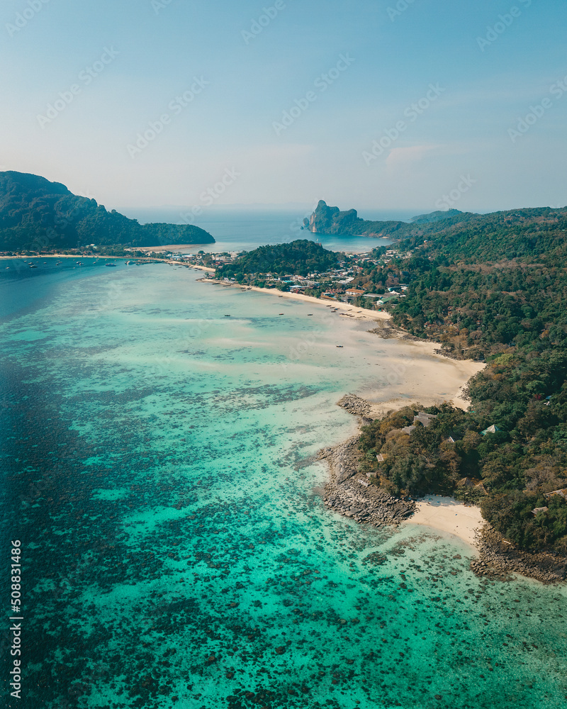 Aerial view of the turquoise waters around the island of Koh Phi Phi Don