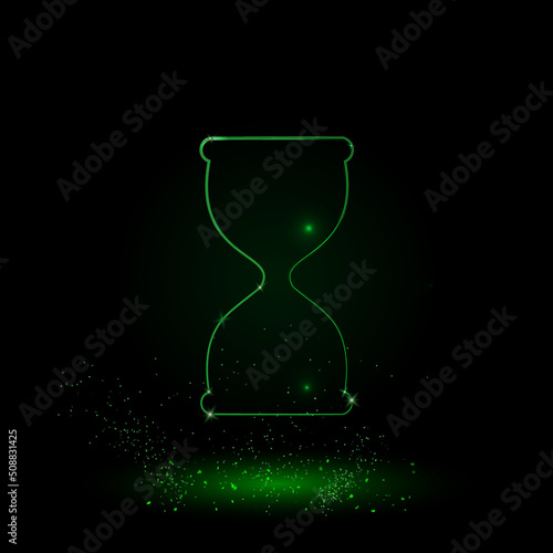 A large green outline hourglass symbol on the center. Green Neon style. Neon color with shiny stars. Vector illustration on black background