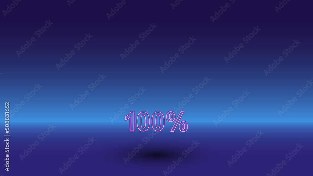 Neon 100 percent symbol on a gradient blue background. The isolated symbol is located in the bottom center. Gradient blue with light blue skyline