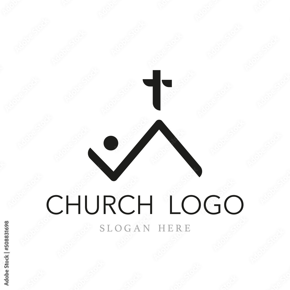 Obraz premium Church logo with cross design vector illustration isolated on white background. Modern logo template for christian church of charity. Christianity symbol of Jesus Christ. The cross of Jesus line art. 