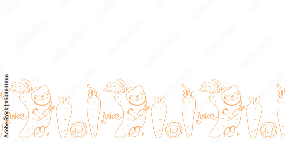 Seamless vector border with carrot character. Orange line doodle on white background banner.