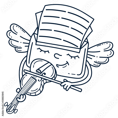 Cute flying doodle style paper letter with musical instrument violin. Romantic sticker insulated on a white background. 