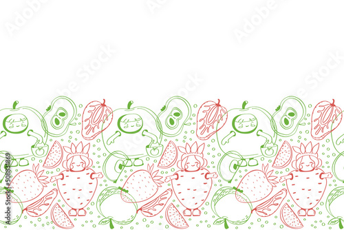 Seamless vector border with apple and strawberry fruit characters. Green and red line doodle on white background banner.