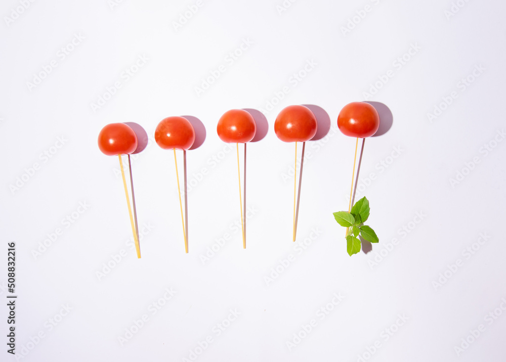 Cherry tomatoes, spaghetti and basil herb, creative flowers inspired arrangement on white background. Easy Italian traditional pasta meal recipe. Cherry tomatoes, spaghetti and basil herb, creative flowers inspired arrangement on white background. Easy Italian traditional pasta meal recipe.