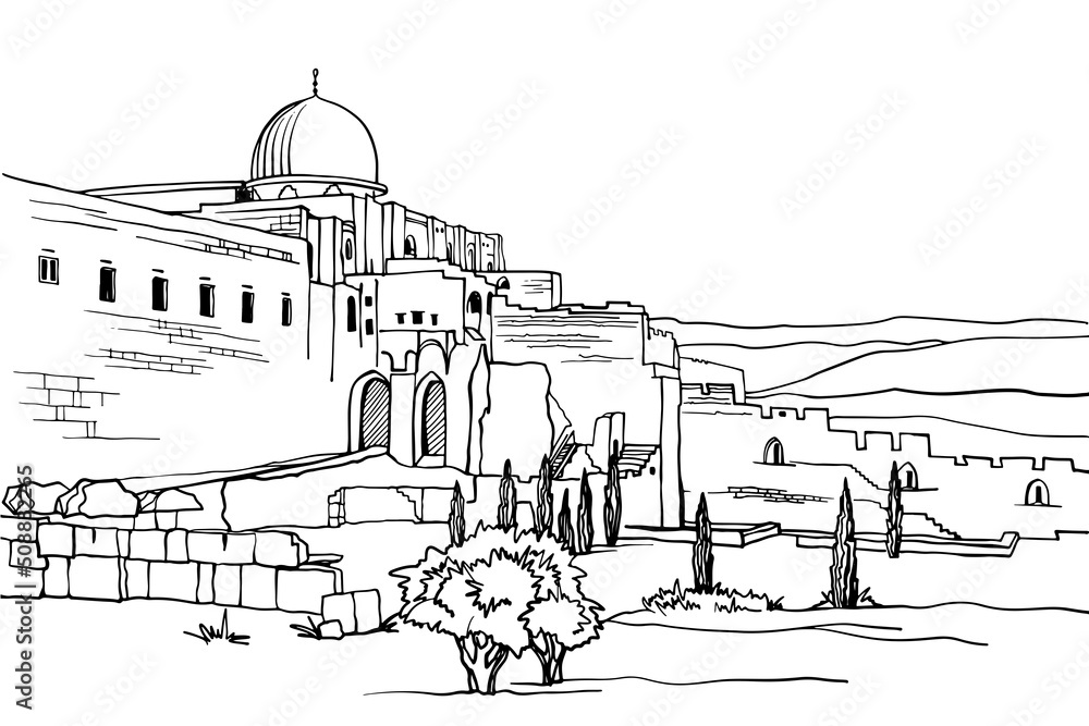 Old Jerusalem. Nice view of the domes and walls of the ancient city. Hand drawn sketch. Urban sketch. Line art. Ink drawing. Black and white vector illustration. Postcards style. Without people.