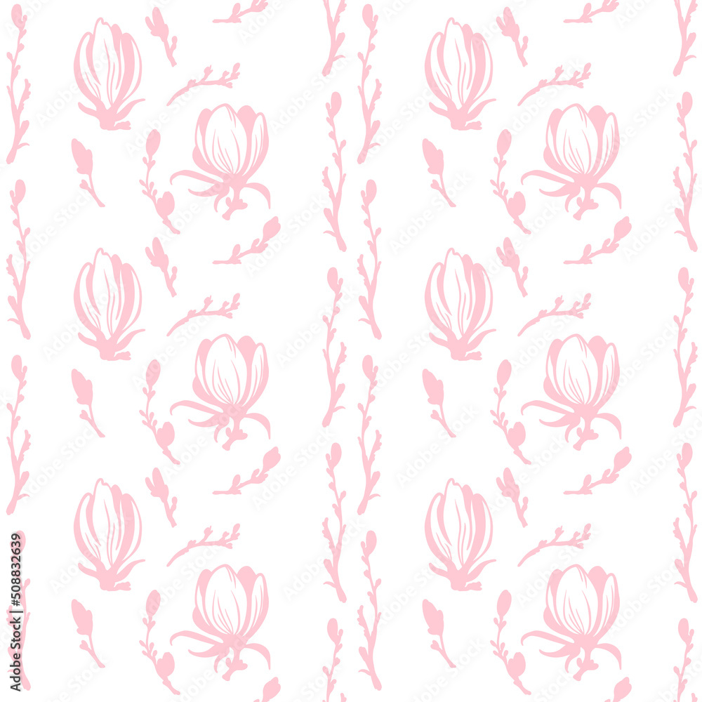 Floral spring seamless pattern for printing on paper and fabric. Delicate contours of flowers in vertical stripes.
