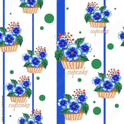 watercolor seamless pattern cake baskets, cupcakes, muffins decorated with three blue flowers on striped blue background elegant floral print for fabric, diary, bed linen, menu, bags