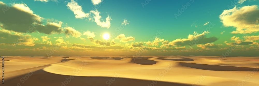 Dunes at sunset, sand desert, beautiful sunset over the desert, sun in clouds over sandy waves, 3d rendering