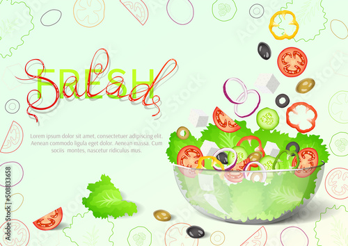Fresh vegetable salad. Lettering: Fresh Salad. Vegetables, healthy eating, dieting concept. Vector illustration for banner, poster, flyer.