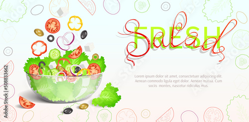 Fresh vegetable salad. Lettering: Fresh Salad. Vegetables, healthy eating, dieting concept. Vector illustration for banner, poster, flyer.