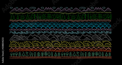 Abstract Nature Pattern Frame for your design. Forest and Mountain icons. Eth...