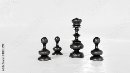 Queen and pawns. Chess set 3D render. A victorian oak and ebonized. Min 19-th century.