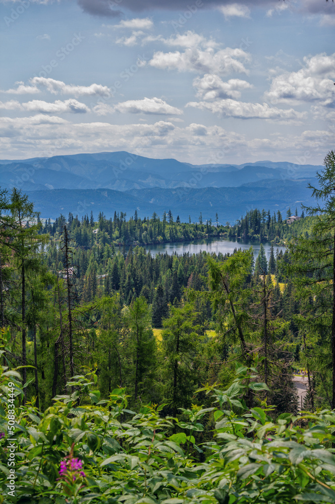 Fototapeta premium Beautiful summer landscape of High Tatras, Slovakia - Strebske Lake lush forest, mountains and clouds on the sky