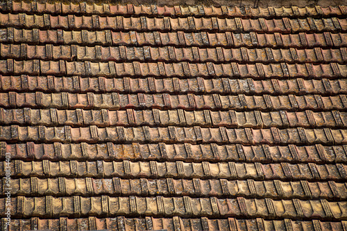 Old, weather-worn roof tiles creating a smooth, geometric texture