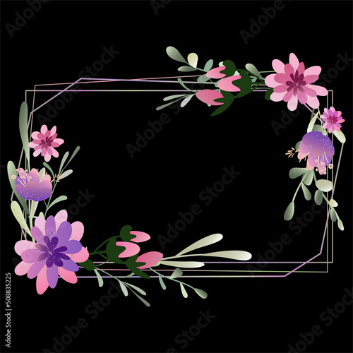 Rectangular floral frame on a black background with space for text. Vector illustration with hand drawn tulips  crocuses  gerberas.