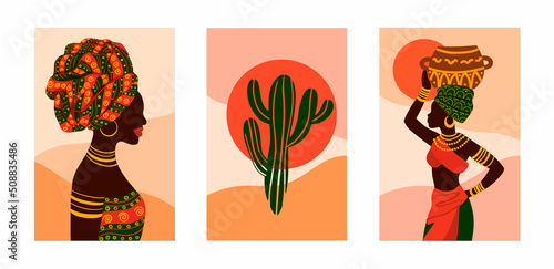 Ethnic background with african woman, vector poster set