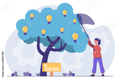 Finding ideas. A woman tries to rip a light bulb from a tree of ideas
