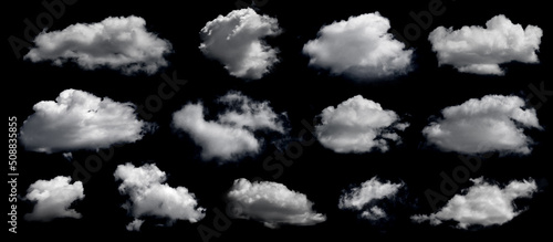 Clouds set isolated on black background. White cloudiness, mist or smog background. Design elements on the topic of the weather. White cloud collection.