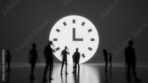 3d rendering people in front of symbol of wall clock on background