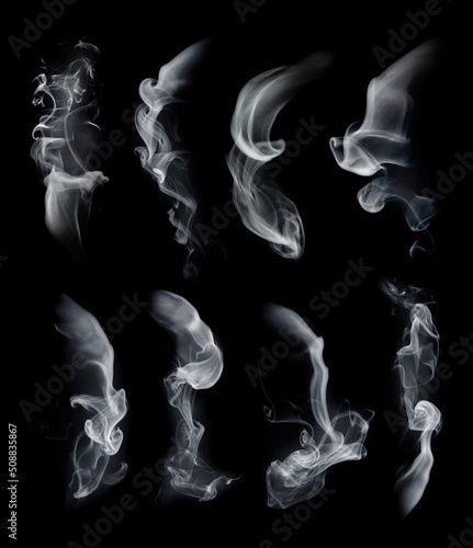 Smoke set isolated on black background. White cloudiness, mist or smog background. Smoke collection for your design.