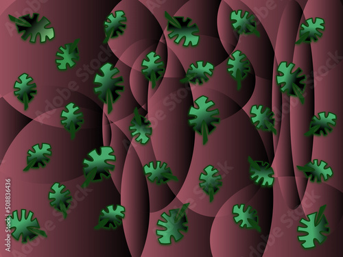 Abstract Futuristic Fantasy Backdrop. Green Leaves With Shadow Effect Placed Chaotically On Maroon Canvas. Cut Out Circles  Shapes Shaded On Background.