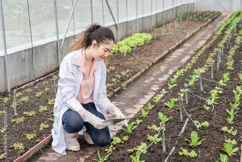 Agricultural researchers in the Industrial greenhouse analyze and hold tablets for agricultural research complex to produce better results in the future.