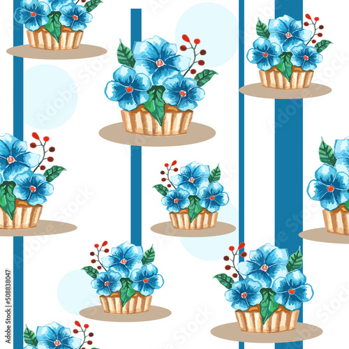 watercolor seamless pattern of sponge cake basket,  cupcake, muffins, shortbread cookies decorated with three blue flowers on striped blue background.  floral print for fabric, diary, linen, menu, bag