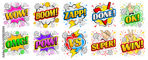 Set of comic speech bubbles, like an explosion, with various words and gestures. Bright dynamic cartoon design in retro pop art style with halftone effect. Vector illustration