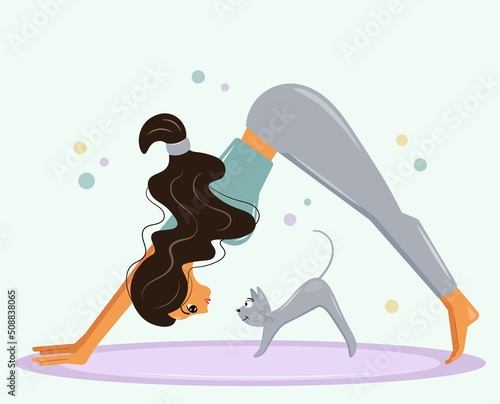 A funny girl is training next to her gray cat on a yoga mat. Young woman in dog pose exercising next to her pet friend stretching together. Vector, cartoon flat style.