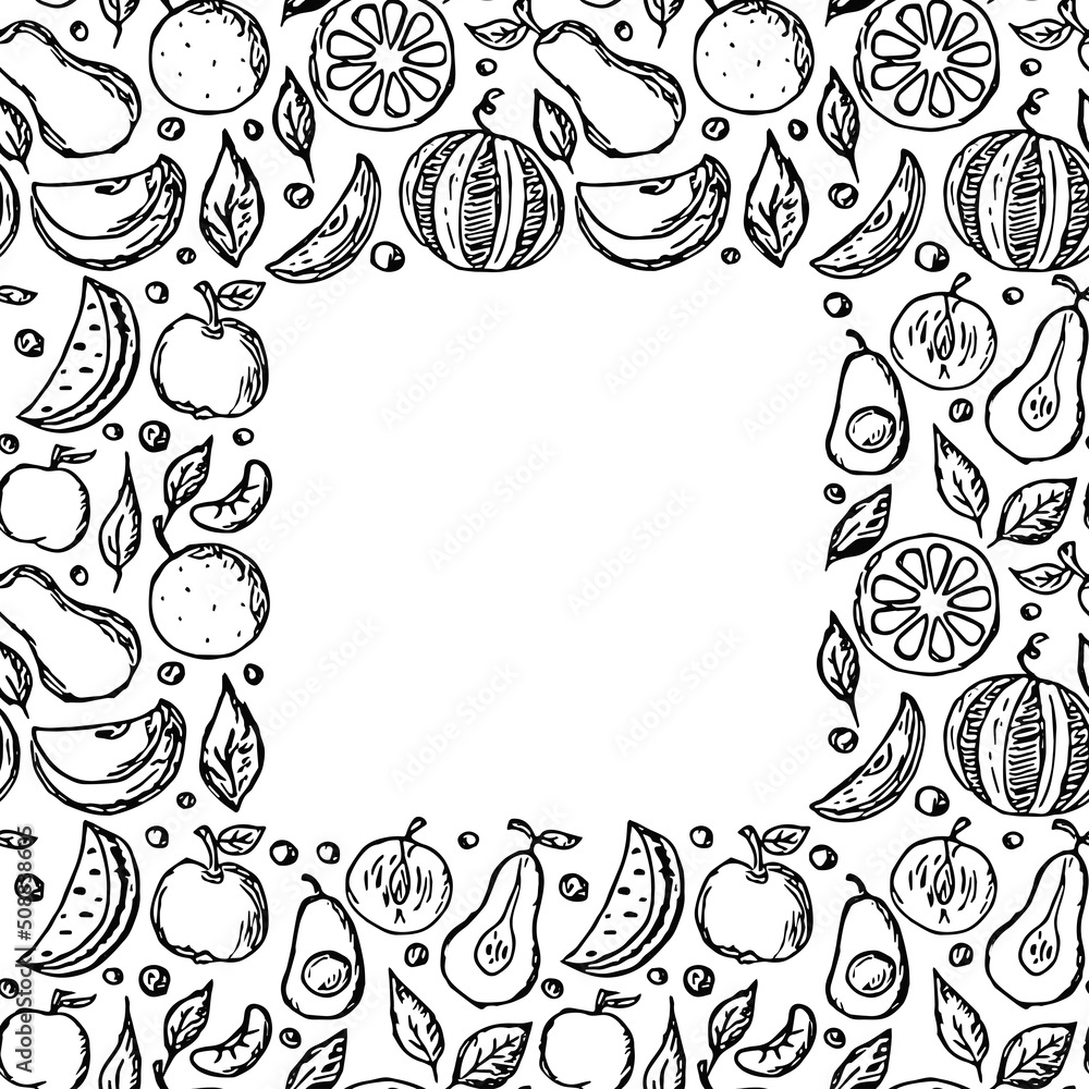 Fruit frame. Seamless fruit pattern with place for text. doodle illustration with fruit icons. Fruit background Fruit frame. Seamless fruit pattern with place for text. doodle illustration with fruit icons. Fruit background