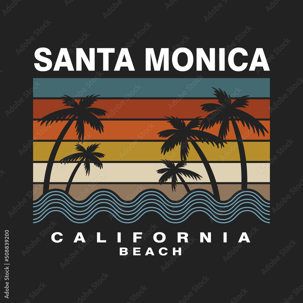 Santa monica california beach retro silhouette tree coconut vector illustration