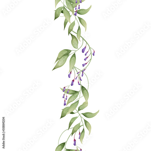 Vertical seamless border with purple wisteria. Asian plants. Botanical flower illustration for wedding design, wallpaper, advertising.