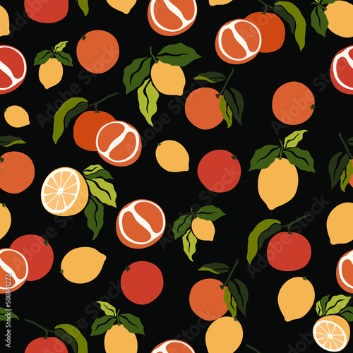Seamless pattern with lemons and oranges. Pattern with citrus fruits. Summer. Vector graphics. Flat illustration.