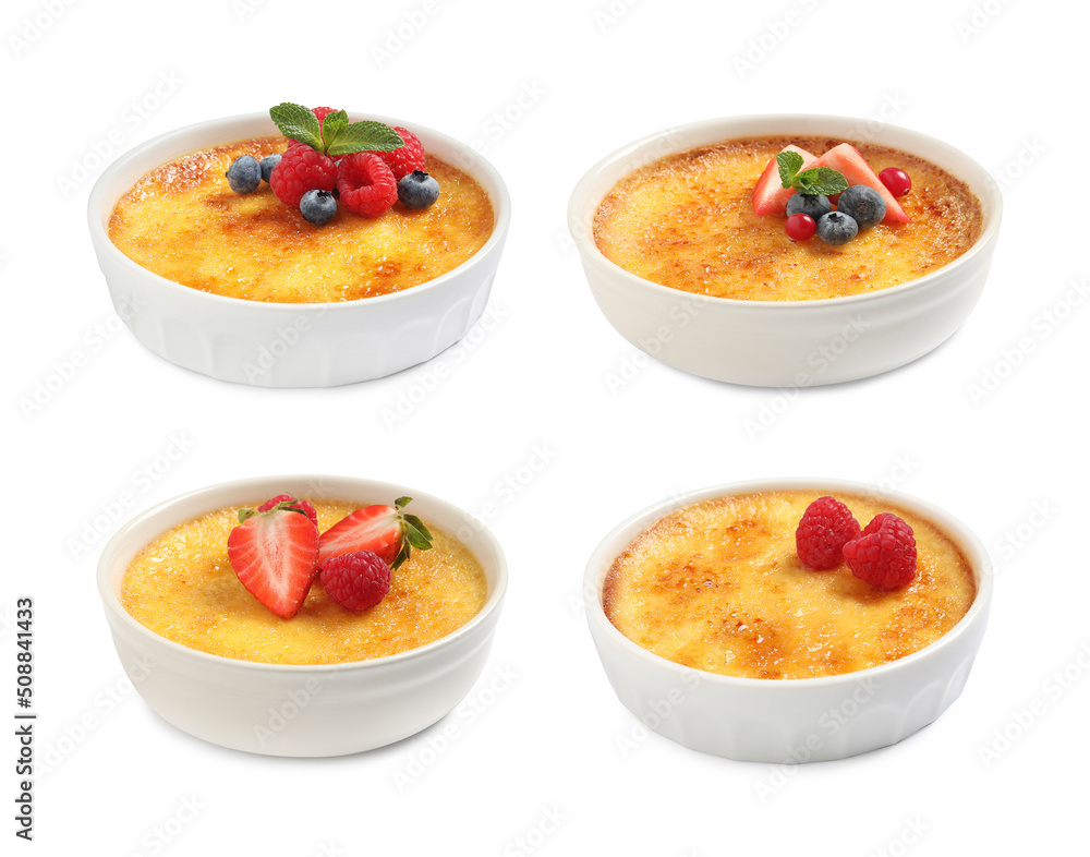 Set with delicious creme brulee on white background Set with delicious creme brulee on white background