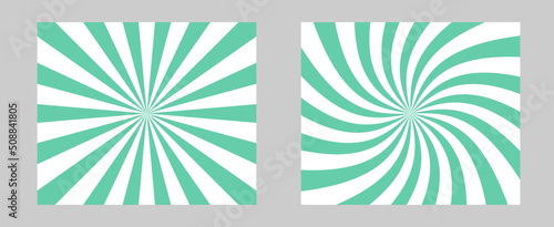Solar explosion Sun Burst Effect. Vector Sunburst wallpaper. Green color burst set of 2 sun rays background. Circus background, abstract pattern with colorful rays, banner element for show, fair.	