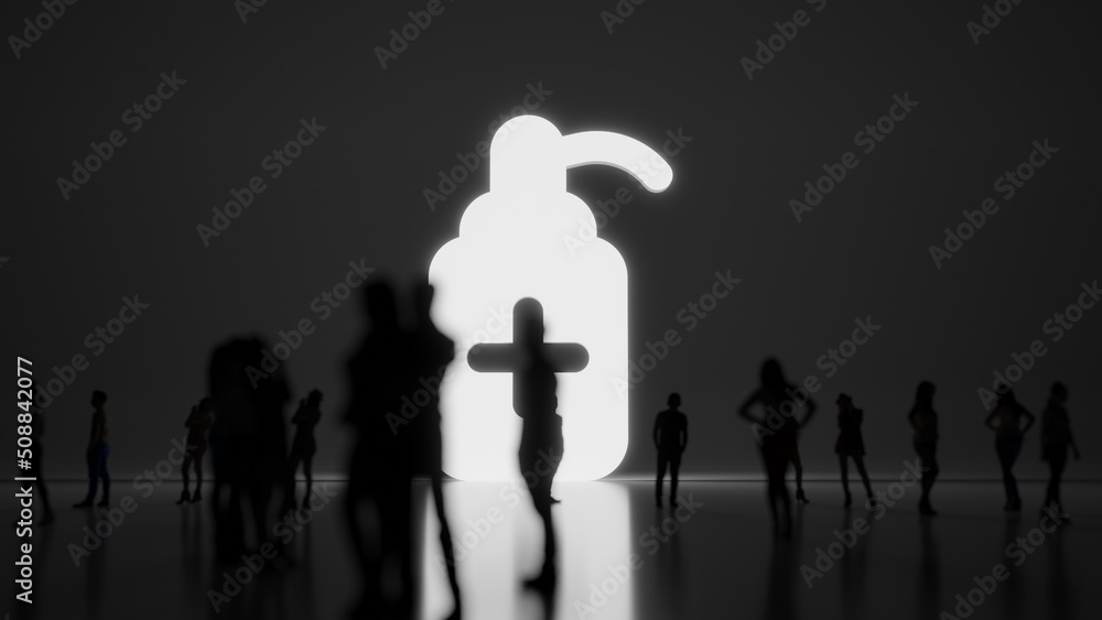 3d rendering people in front of symbol of sanitizer gel on background
