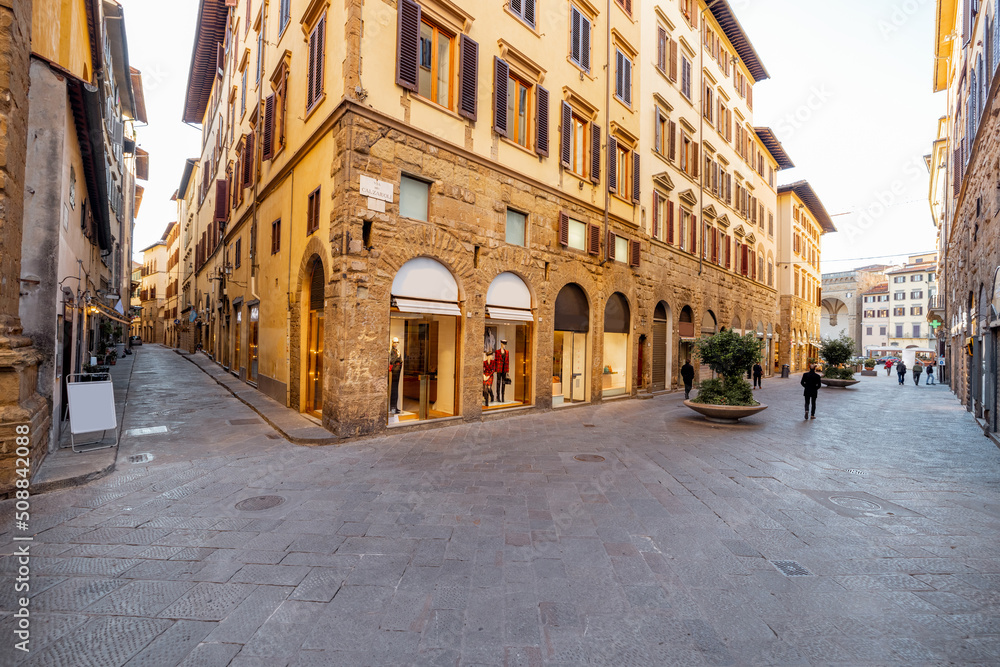 Morning view on empty streets in old town of Florence near Signoria square in Italy. Visiting famous italian cities in Tuscany