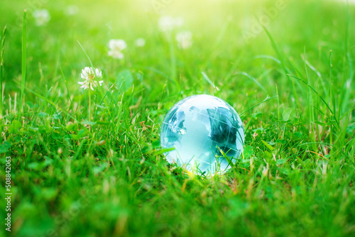 Blue ecologically healthy planet. Glass ball in the grass macro shot. Crystal globe close-up in the rays of the sun.