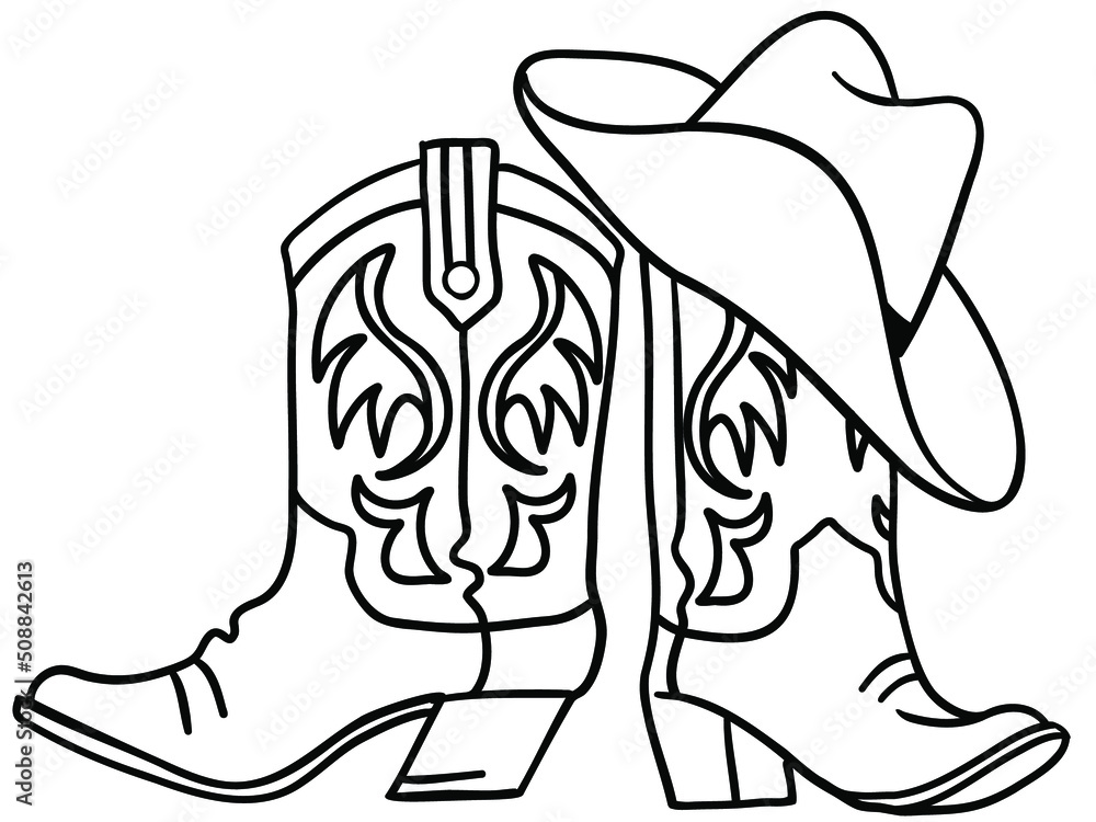 Cowboy boots and hat handdrawn graphic illustration isolated on white.  Vector outline illustration of Rodeo clothes for cowboy Stock-Vektorgrafik  | Adobe Stock