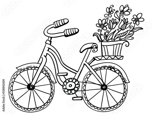 Bicycle hand drawn vector sketch doodle illustration. Bike with basket summer flowers decoration background isolated on white for greeting card, print or design