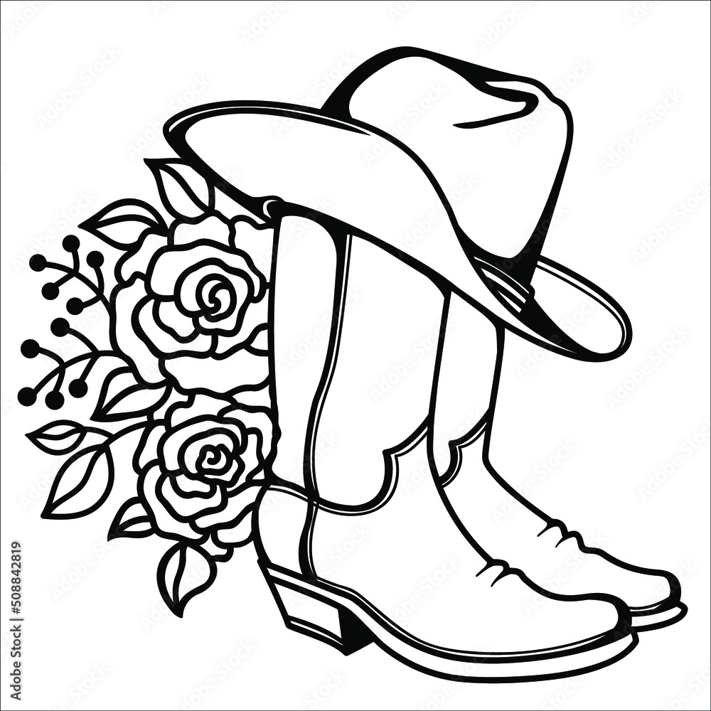 Cowboy boots and cowboy hat floral decoration. Outline vector handdrawn ...