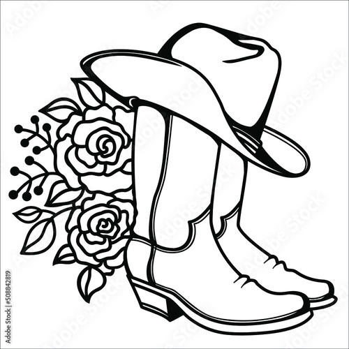 Cowboy boots and cowboy hat floral decoration. Outline vector handdrawn illustration isolated on white for design, greeting cards, print