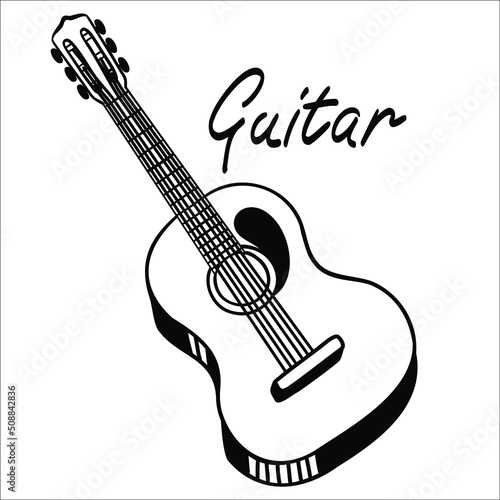 Acoustic guitar outline sketch vector illustration with music text isolated on white.