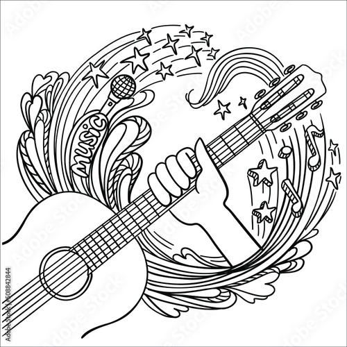Music vector illustration. Cartoon hand drawn doodle music illustration with hand musician hold acoustic guitar