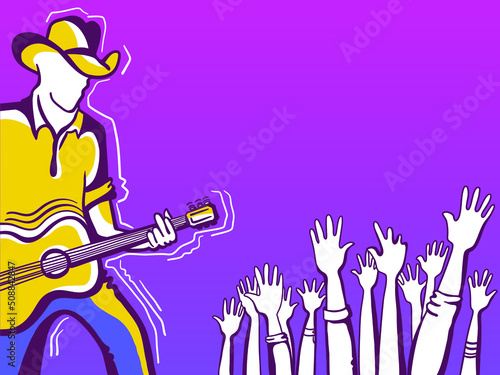Guitar player illustration. Musician playing guitar country music festival. Vector guitar player man with cowboy hat and fans on background