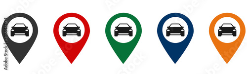 Map pointer with car graphic icon.  Car point. Car exchange logo. Car rental service icon. Vector illustration.