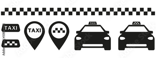 Black taxi isolated simple icons. Taxi transport service icon set. Vector illustration