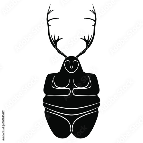 Horned Neolithic goddess with deer antlers. Great Mother archetype. Creative mythological concept. Black and white silhouette.