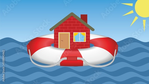 Red house, home floating safe in lifebuoy. Dimension 16:9. Vector illustration.